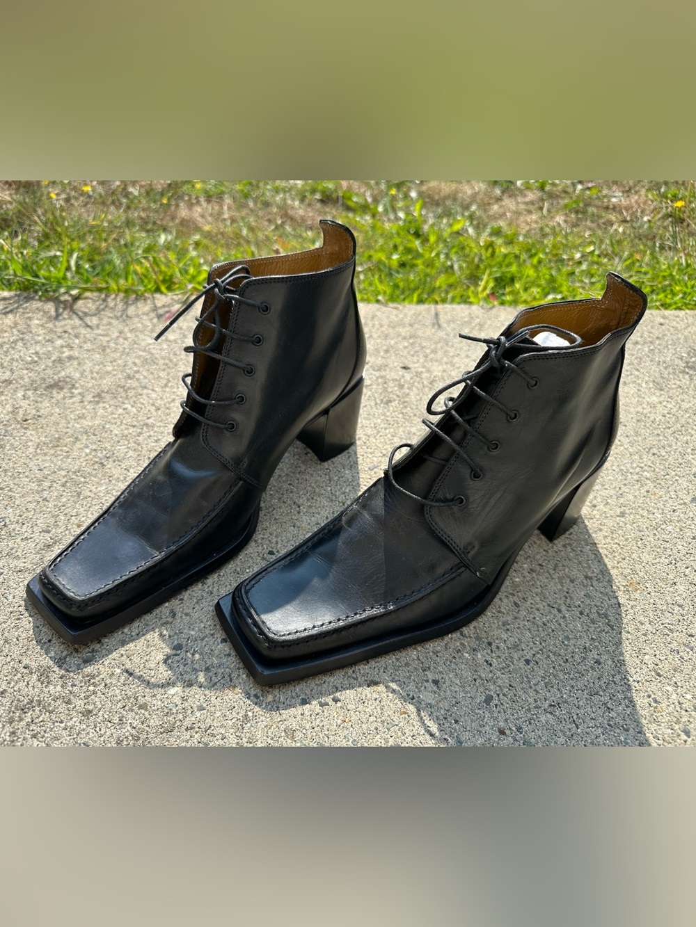 Kenneth Cole Black Leather Square-Toe Lace-Up Boots